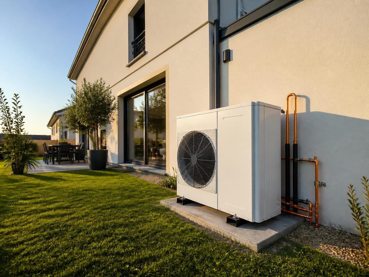 Maison individuelle avec une pompe à chaleur air/eau installée le long du mur extérieur